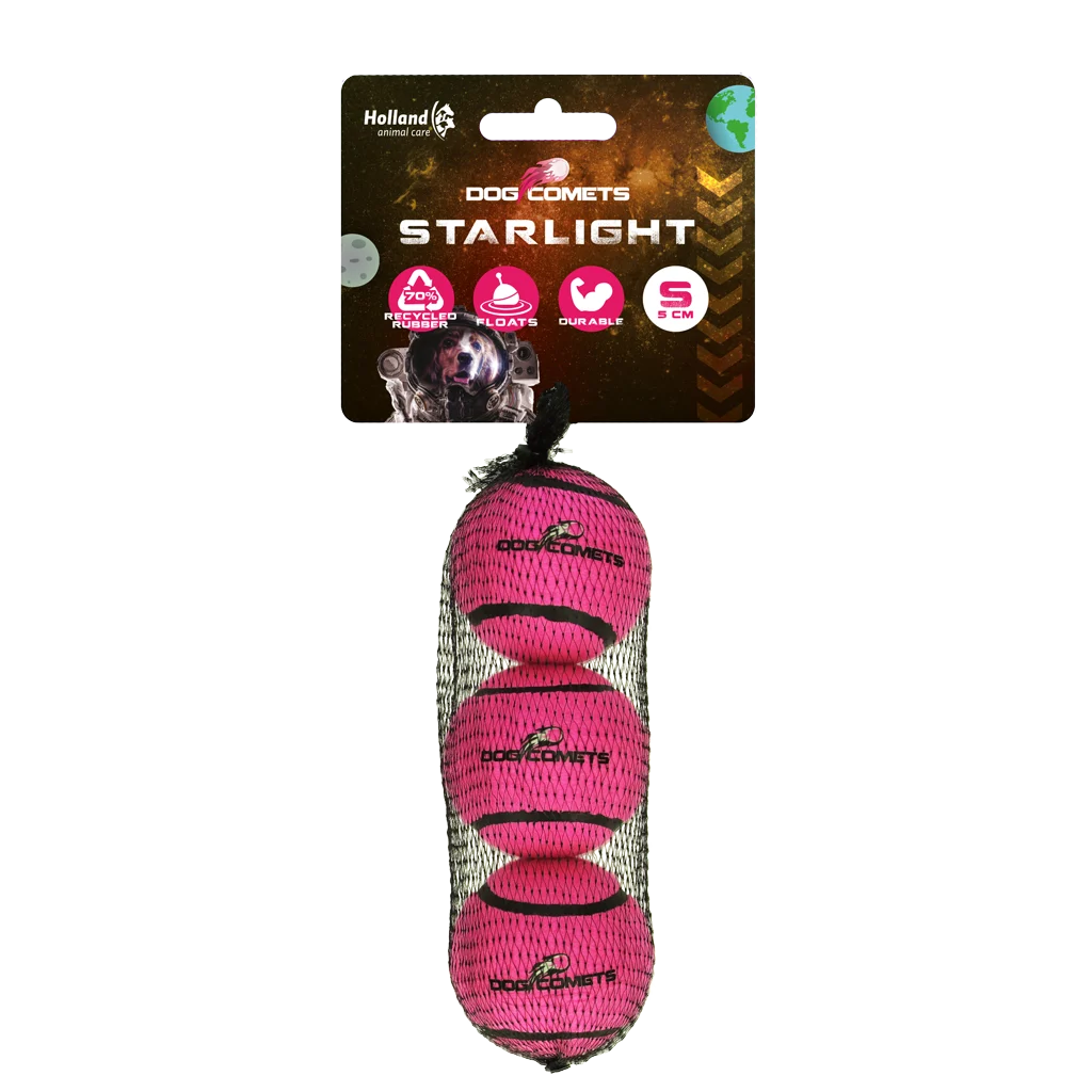 Palla da tennis per cani galleggiante, rosa S, Ø 5 cm, 3 pezzi – Dog Comets Starlight - immagine 1