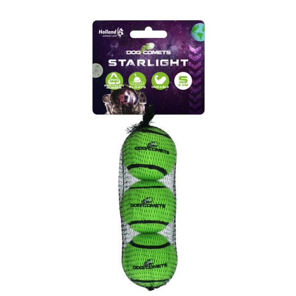 Palla da tennis per cani, galleggiante, verde S, Ø 5 cm, 3 pezzi – Dog Comets Starlight