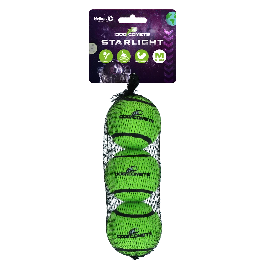 Pallina da tennis galleggiante per cani, Ø 6 cm, verde, 3 pezzi – Dog Comets Starlight - immagine 1