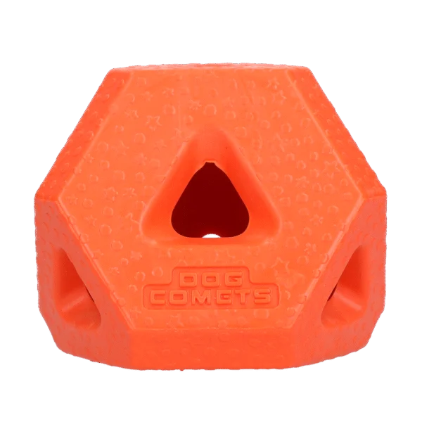 Cubo porta snack in gomma TPR per snack e bastoncini da masticare, arancione – Dog Comets Treat Lock Cube