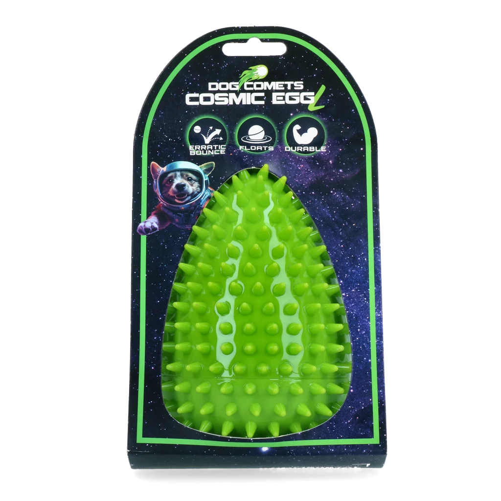 COME087AL.png Gioco da riporto a forma di uovo con squeaker e punte, verde L, Ø 100 x 150 mm – Dog Comets Cosmic Egg - immagine 1