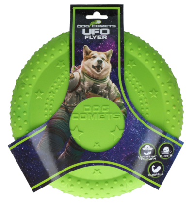 Frisbee per cani in gomma espansa TPR, galleggiante, verde, M – Dog Comets UFO Flyer