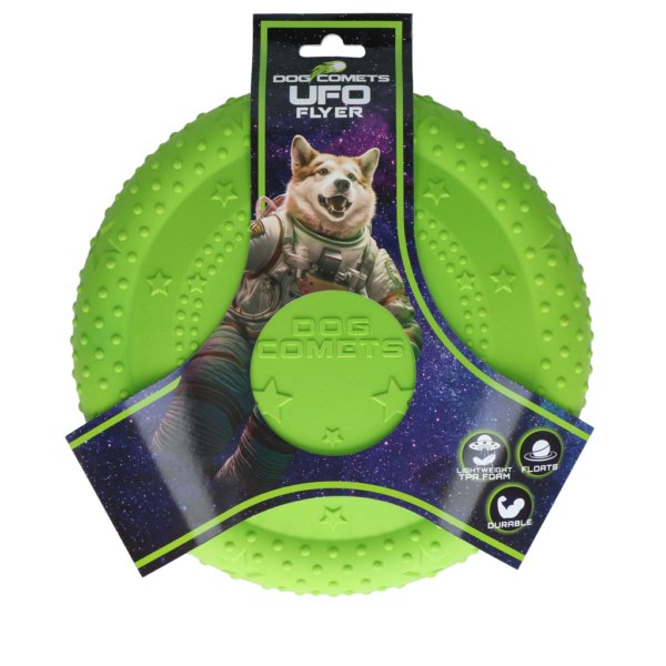 Frisbee per cani in gomma espansa TPR, galleggiante, verde, M – Dog Comets UFO Flyer