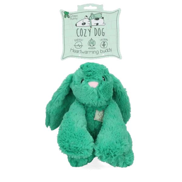 Peluche per cani a forma di coniglio con battito cardiaco e sacchetto riscaldabile, verde, 30 x 20 cm – Cozy Dog Bunny