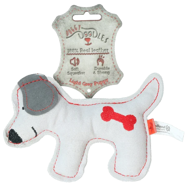 Peluche per cani in pelle bovina con squeaker a basso volume, grigio chiaro – Doggy Doodles Cucciolo