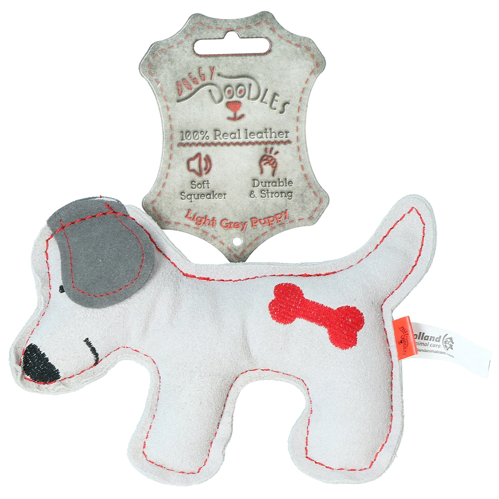 Peluche per cani in pelle bovina con squeaker a basso volume, grigio chiaro – Doggy Doodles Cucciolo - immagine 1