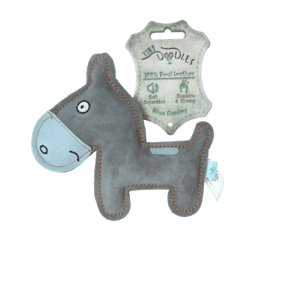 Peluche per cani in pelle bovina con squeaker a basso volume, blu – Tiny Doodles Asinello