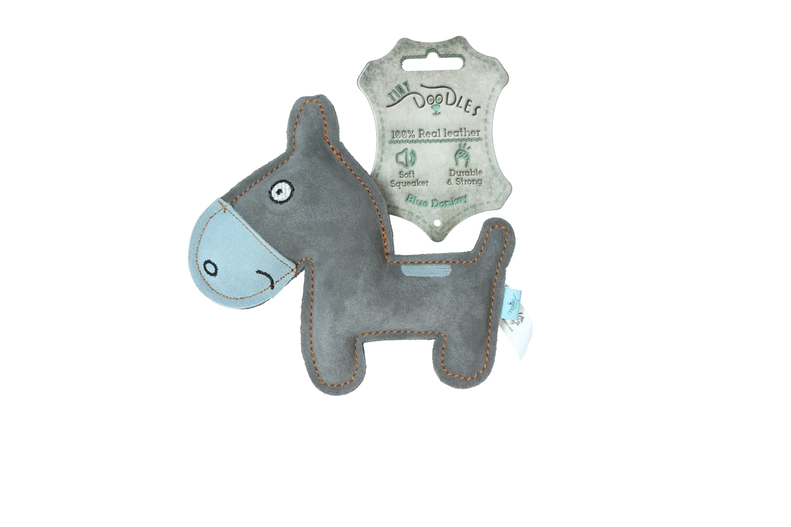 Peluche per cani in pelle bovina con squeaker a basso volume, blu – Tiny Doodles Asinello - immagine 1