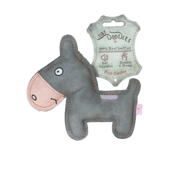 Peluche per cani in cuoio bovino con squeaker a basso volume, rosa – Tiny Doodles Asinello