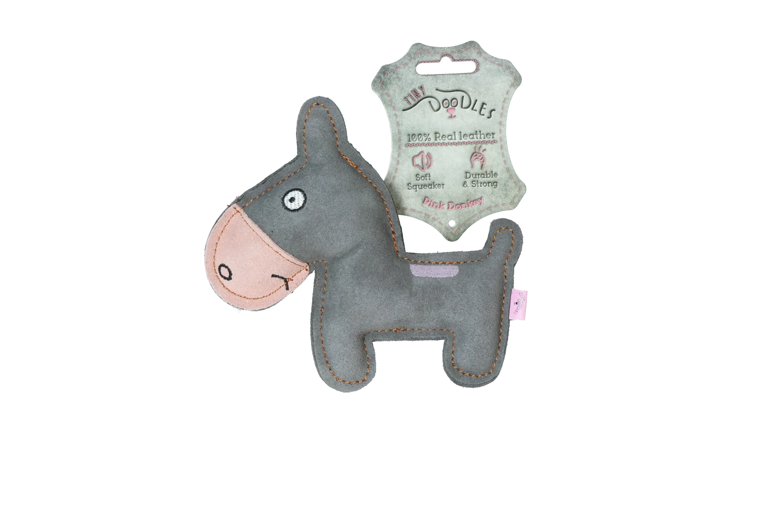 Peluche per cani in cuoio bovino con squeaker a basso volume, rosa – Tiny Doodles Asinello - immagine 1