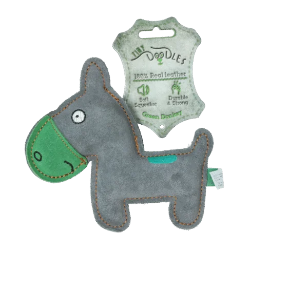 Peluche per cani in pelle bovina con dispositivo sonoro a basso volume, verde – Tiny Doodles Asinello