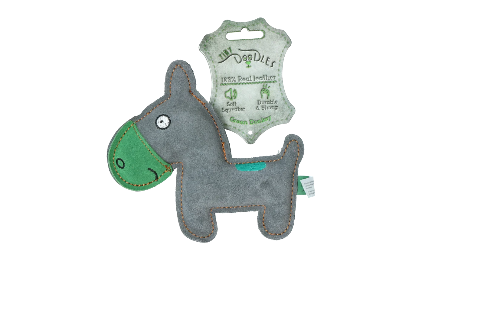 Peluche per cani in pelle bovina con dispositivo sonoro a basso volume, verde – Tiny Doodles Asinello - immagine 1