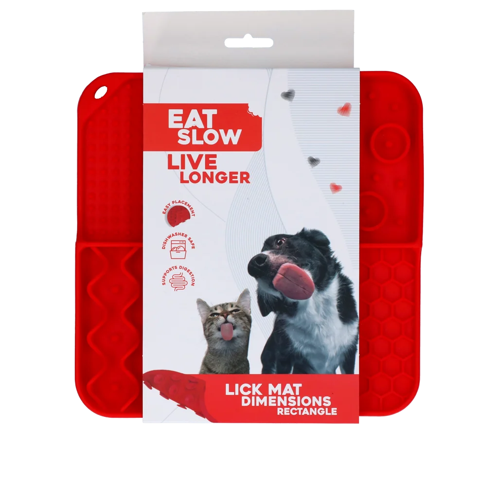 Tappetino da leccare per cani con 4 motivi e ventose, 21 x 21 cm, rosso – Eat Slow Live Longer Lick Mat Dimensions Rectangle - immagine 1
