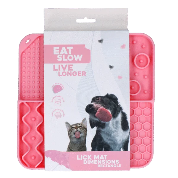 Tappetino leccabile per cani con 4 motivi e ventose, 21 x 21 cm, rosa – Eat Slow Live Longer Lick Mat Dimensions Rectangle