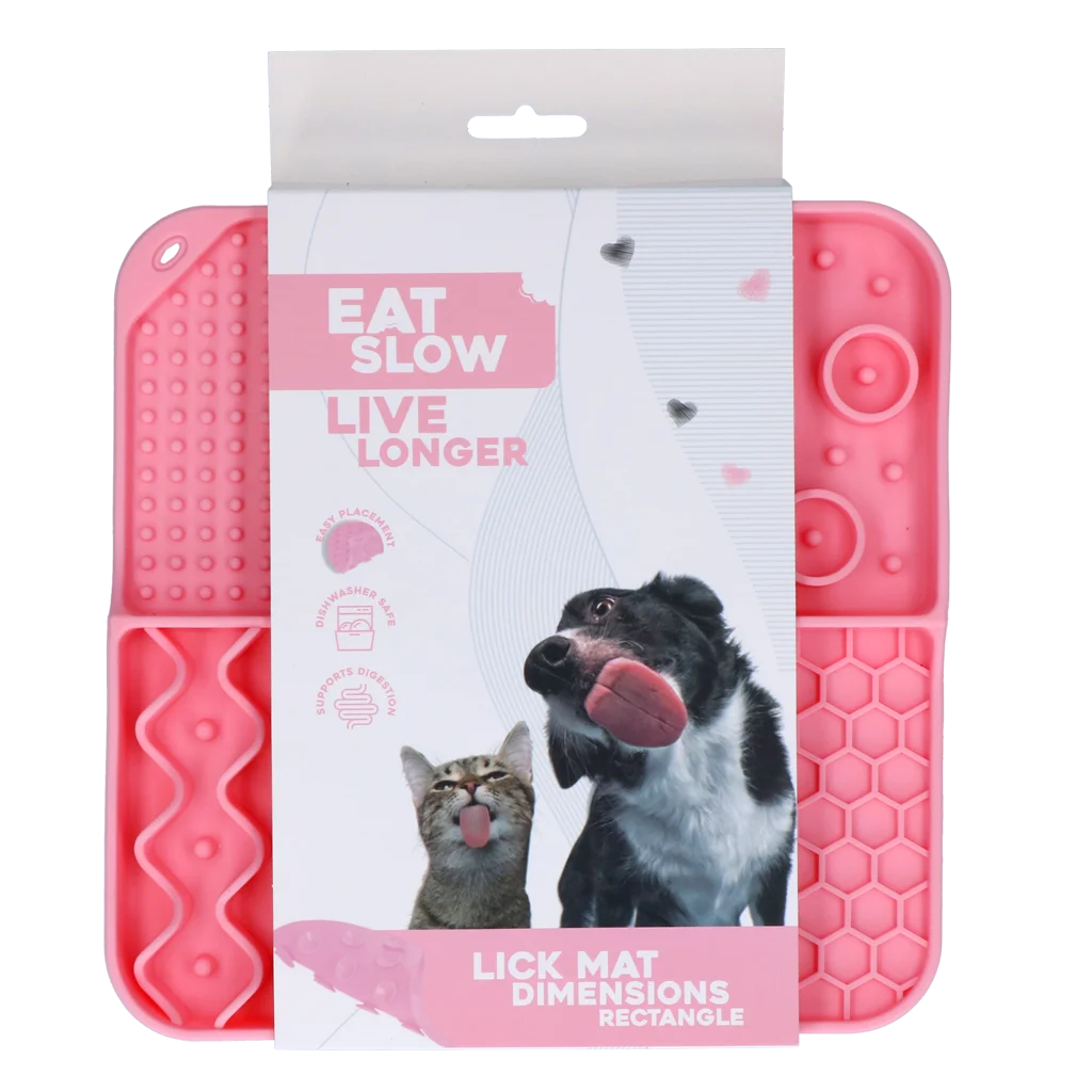 Tappetino leccabile per cani con 4 motivi e ventose, 21 x 21 cm, rosa – Eat Slow Live Longer Lick Mat Dimensions Rectangle - immagine 1
