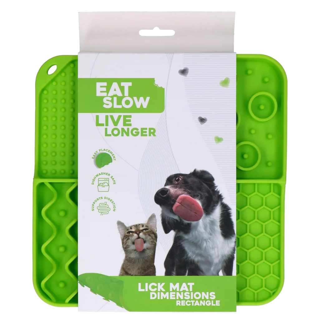 Tappetino leccabile per cani con 4 motivi e ventose, 21 x 21 cm, verde – Eat Slow Live Longer Lick Mat Dimensions Rectangle - immagine 1