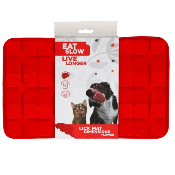 Tappetino leccabile per cani con alette a forma di fiore e ventose, 21 x 34 cm, rosso – Eat Slow Live Longer Lick Mat Dimensions Flower