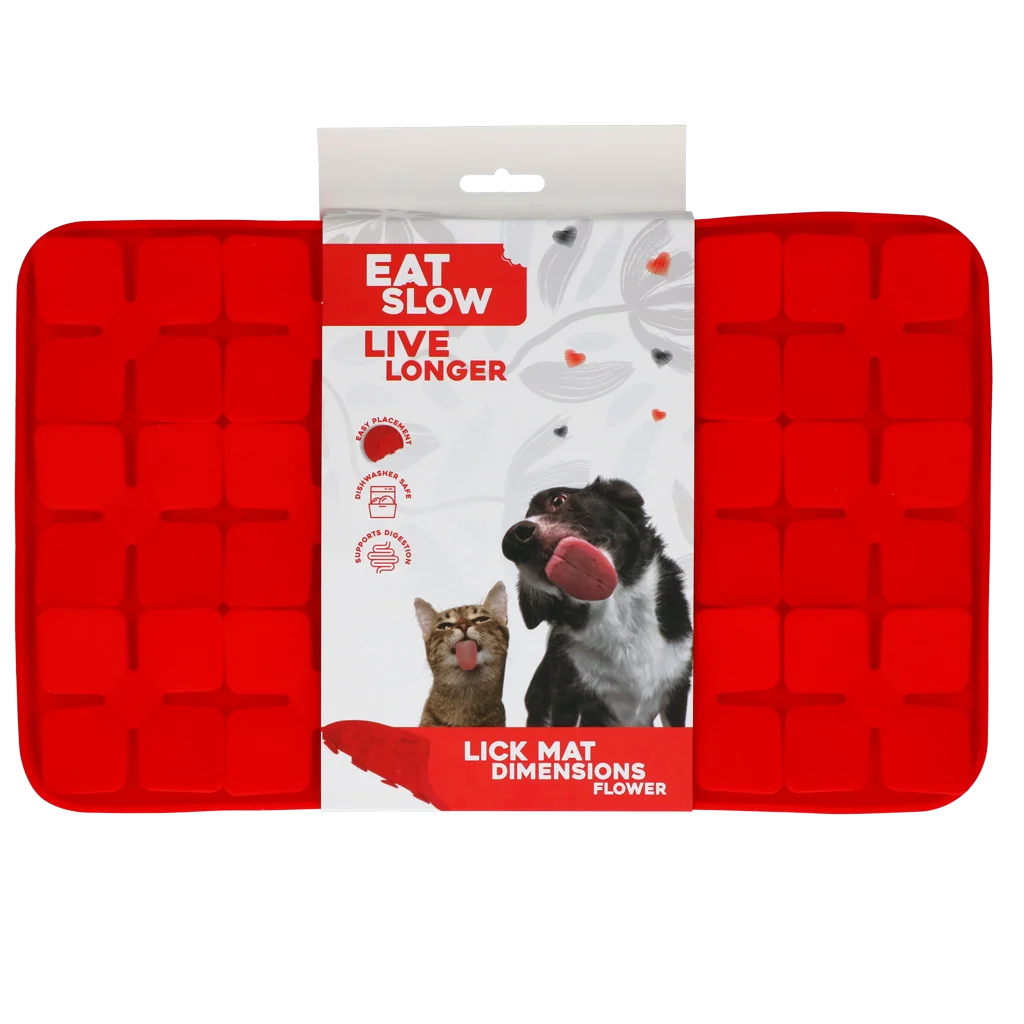 Tappetino leccabile per cani con alette a forma di fiore e ventose, 21 x 34 cm, rosso – Eat Slow Live Longer Lick Mat Dimensions Flower - immagine 1