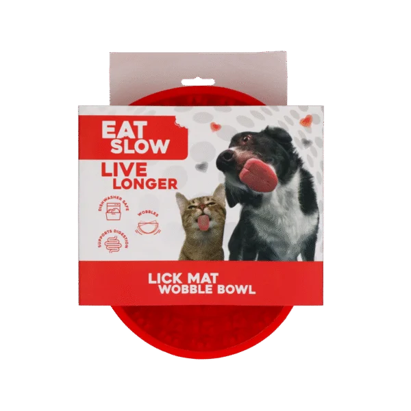 Ciotola anti ingozzamento per cani con tappetino da leccare, rossa, 17 cm – Eat Slow Live Longer Lick Mat Wobble Bowl