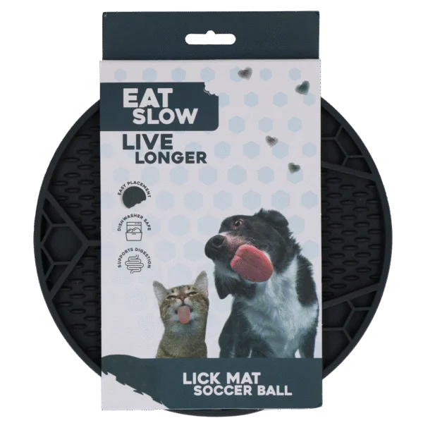 Tappetino da leccare per cani con motivo a pallone da calcio e ventose, Ø 22 cm, grigio – Eat Slow Live Longer Lick Mat Soccer Ball