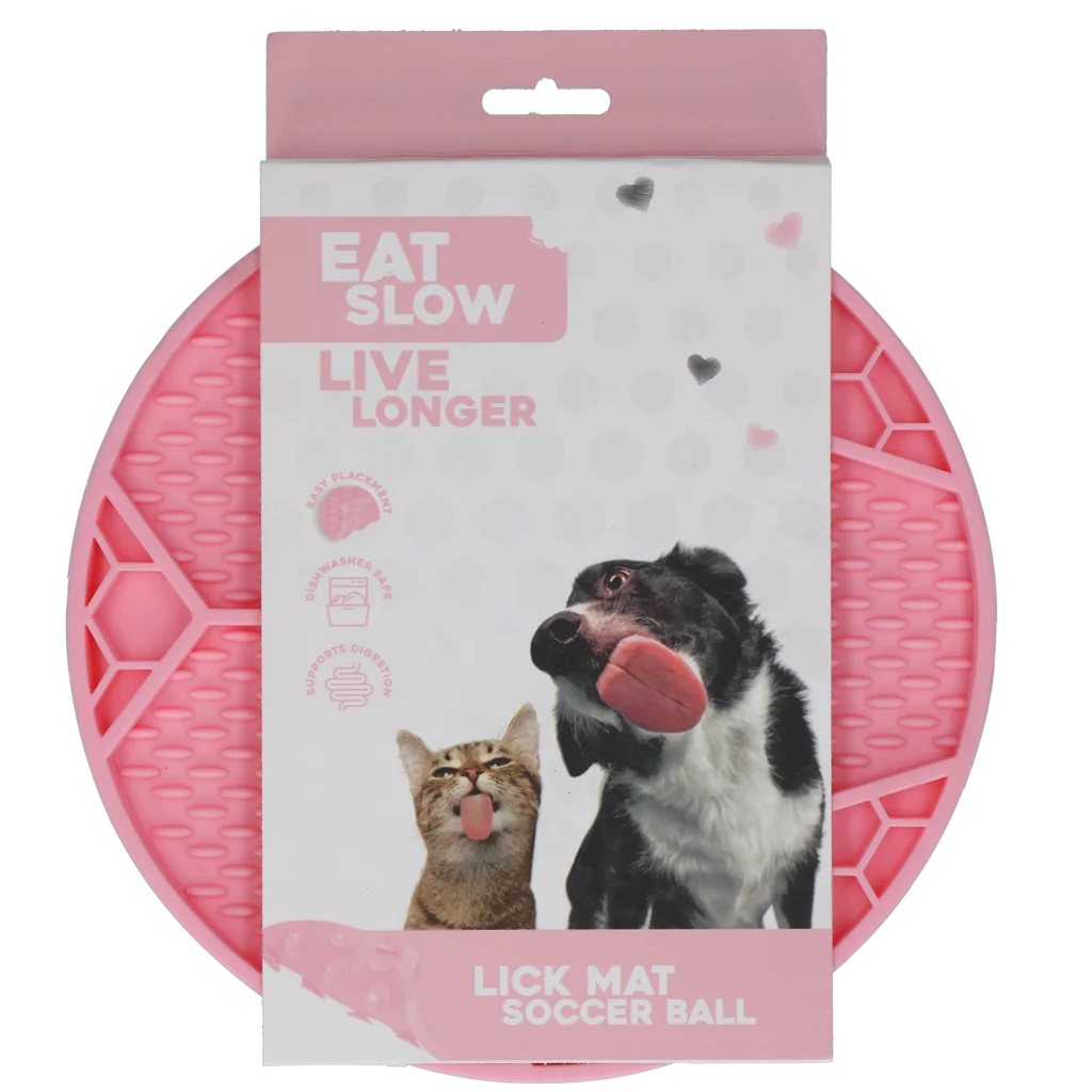 Tappetino da leccare per cani con motivo a pallone da calcio e ventose, Ø 22 cm, rosa – Eat Slow Live Longer Lick Mat Soccer Ball - immagine 1
