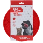 Tappetino da leccare per cani con motivo a pallone da calcio e ventose, Ø 22 cm, rosso – Eat Slow Live Longer Lick Mat Soccer Ball
