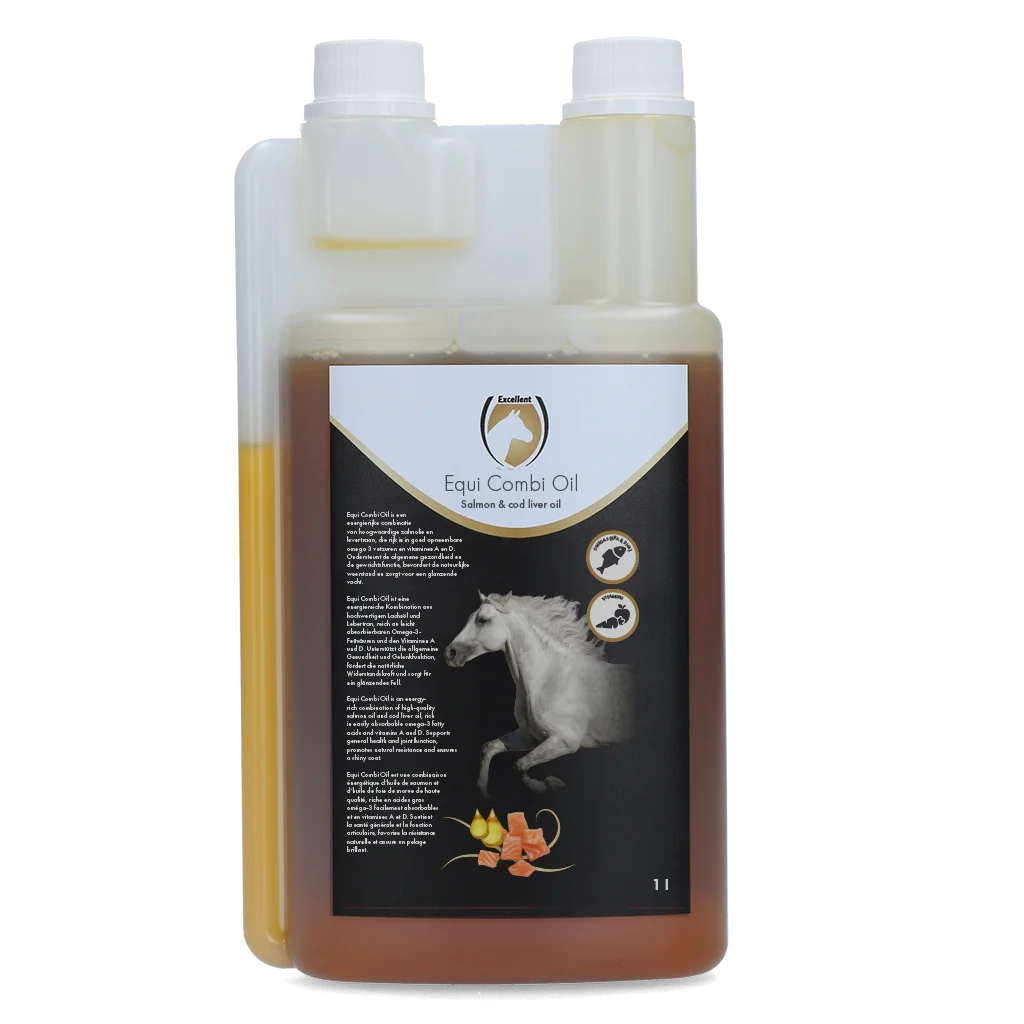 Olio alimentare per cavalli con olio di salmone e olio di fegato di merluzzo, 1 l – Excellent Horse Combi Oil - immagine 1