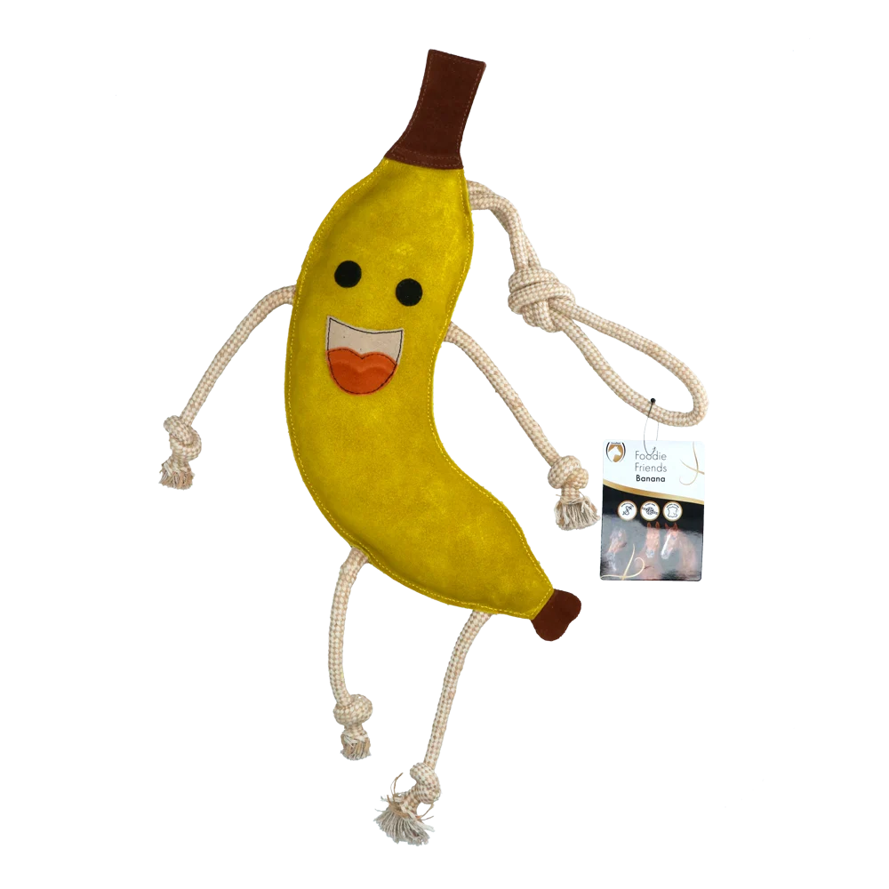 Gioco da scuderia per cavalli in pelle con imbottitura di juta, banana, 40 x 12 x 5 cm – Excellent Horse Foodie Friends Banana - immagine 1