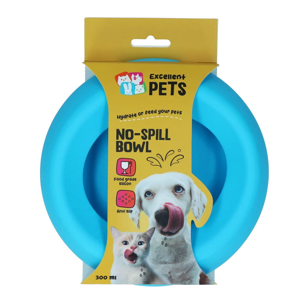 Ciotola per Cani in Silicone per Cibo e Acqua con Bordo Antisversamento, 300 ml Blu – Excellent Pets No-Spill Bowl - immagine 1