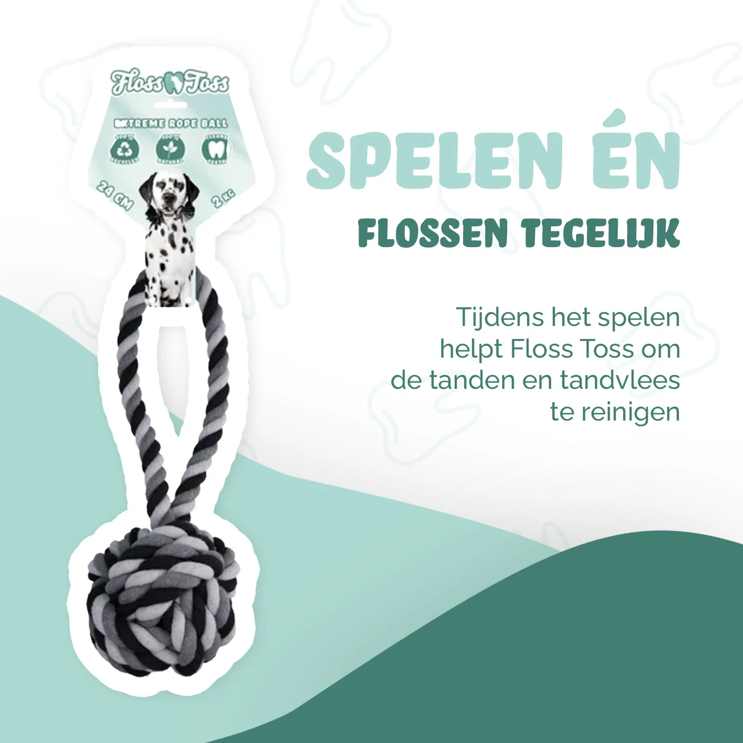 Corda per cani in cotone con palla, 60 cm – Floss Toss Natural Dental Ropes Dental Rope Exteme Tug and Ball - immagine 2