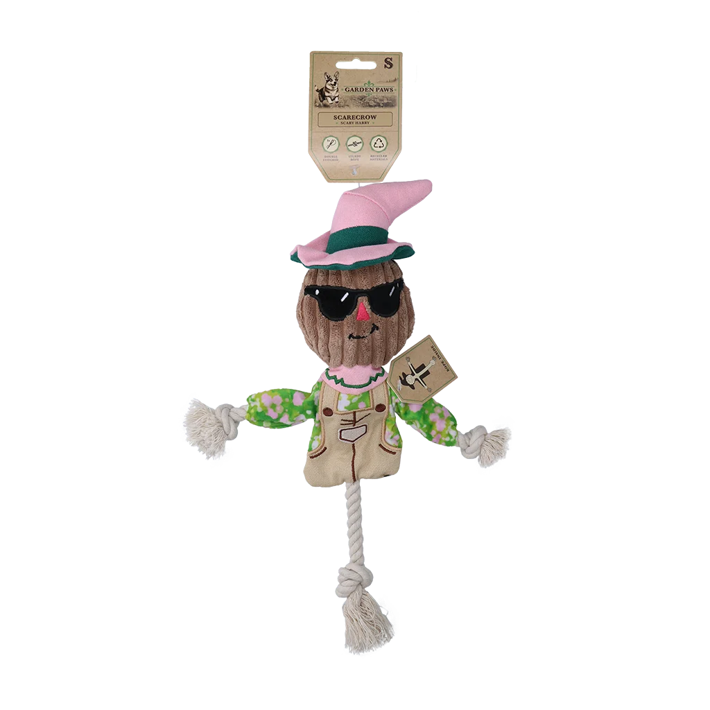 GARD0010S.png Giocattolo da tira e molla a forma di spaventapasseri con corpo frusciante e corda – Garden Paws Scarecrow Scary Harry S - immagine 1