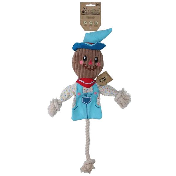 Gioco da tirare a forma di spaventapasseri con corpo frusciante e corda – Garden Paws Scarecrow Calvin Crow M