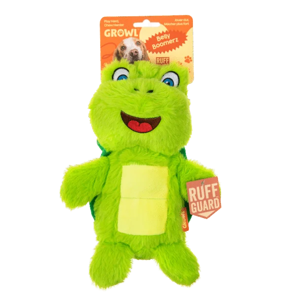 Peluche per cani a forma di tartaruga con tappetino sonoro e squeak – Growl Belly Boomerz Tina la Tartaruga