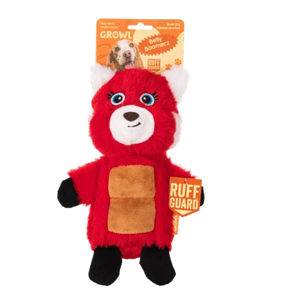 Peluche per cani a forma di panda rosso con tappetino sonoro e squeak – Growl Belly Boomerz Riley il Panda Rosso