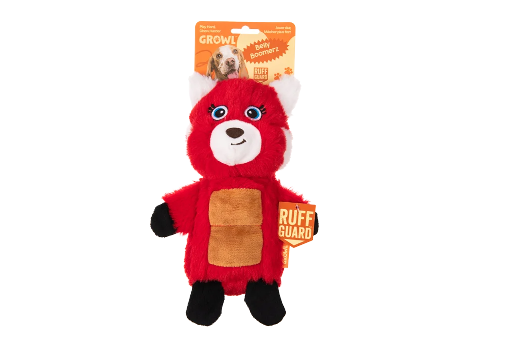 Peluche per cani a forma di panda rosso con tappetino sonoro e squeak – Growl Belly Boomerz Riley il Panda Rosso - immagine 1