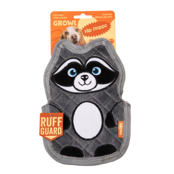 Gioco per cani con tre squeaker – Growl Flip Floppz Randy il procione