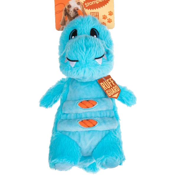 Peluche per cani con corda e grande squeaker – Growl Stomperz Terry, il Tyranosaurus-Rex blu