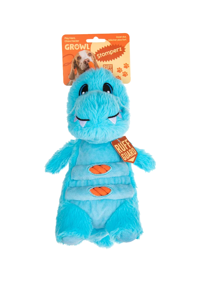 Peluche per cani con corda e grande squeaker – Growl Stomperz Terry, il Tyranosaurus-Rex blu - immagine 1