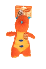 Peluche per cani in peluche con corda e grande squeaker – Growl Stomperz Tina, la triceratopo arancione