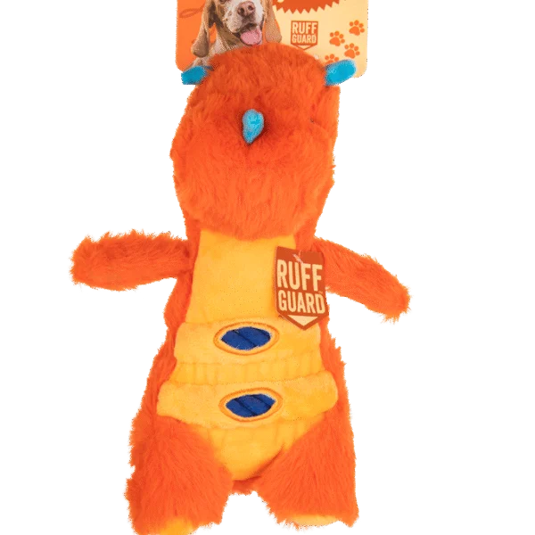 Peluche per cani in peluche con corda e grande squeaker – Growl Stomperz Tina, la triceratopo arancione