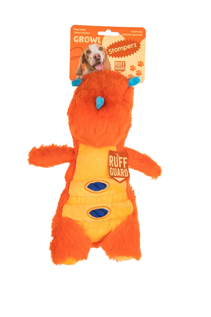 Peluche per cani in peluche con corda e grande squeaker – Growl Stomperz Tina, la triceratopo arancione - immagine 1