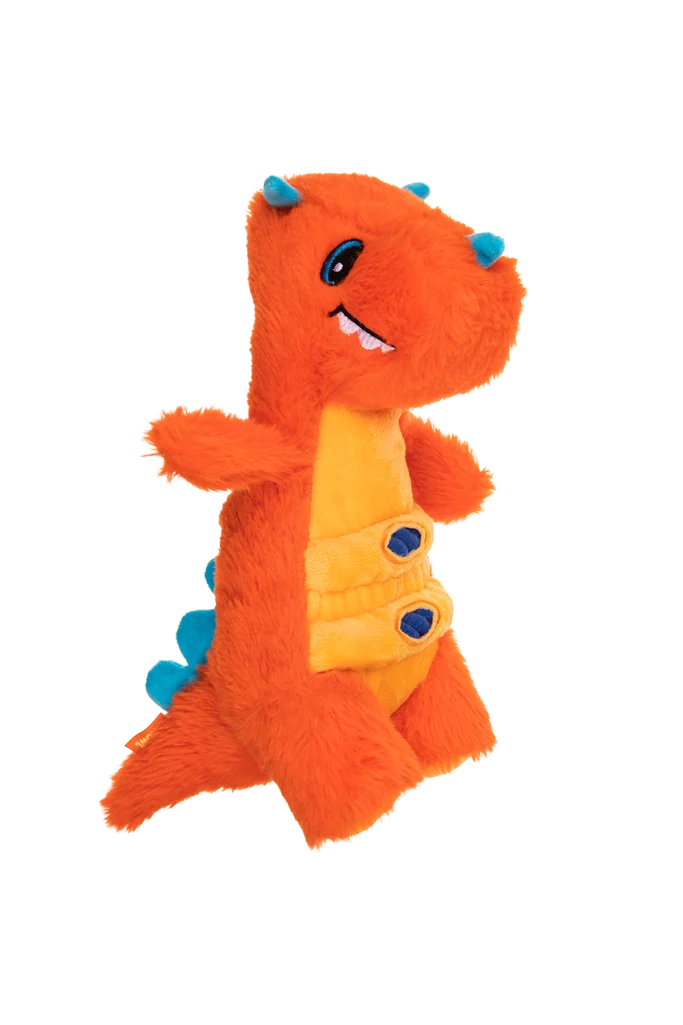 Peluche per cani in peluche con corda e grande squeaker – Growl Stomperz Tina, la triceratopo arancione - immagine 3