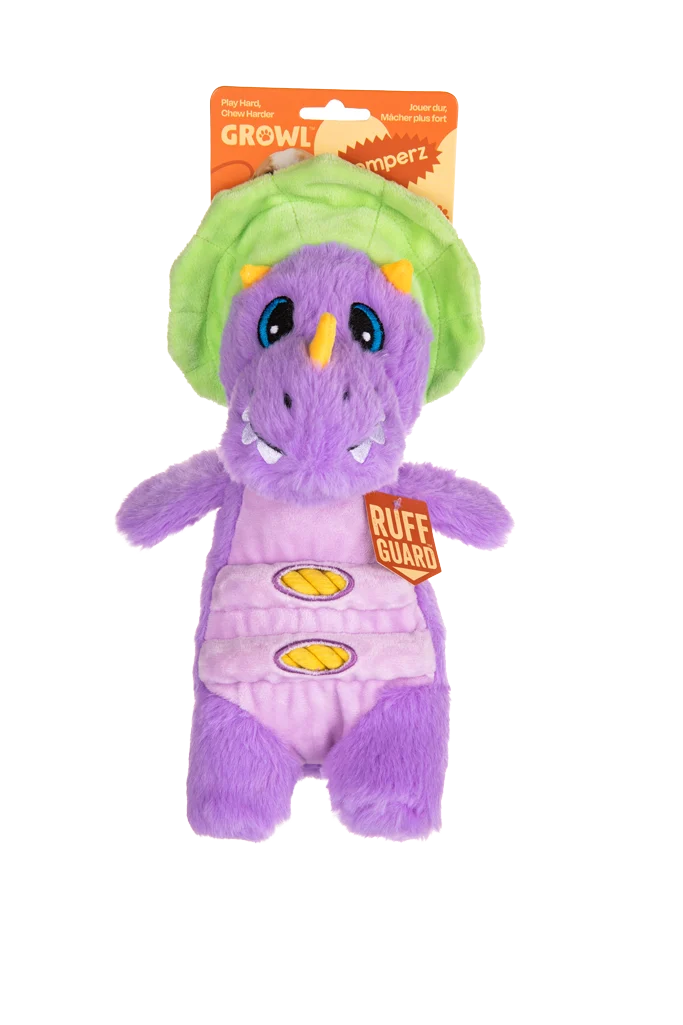 Peluche per cani con corda e grande squeaker – Growl Stomperz Benny il Brachiosauro viola - immagine 1