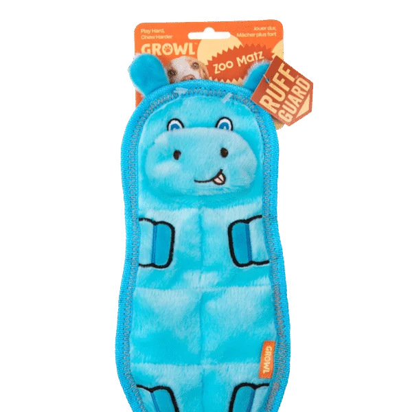 Peluche per cani piatto con 7 squeaker – Growl Zoo Matz Hugo l’Ippopotamo