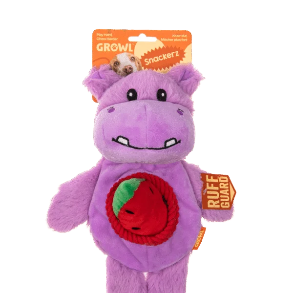 Peluche per cani con 2 squeaker e giocattolo nascosto – Growl Snackerz Hilda l'Ippopotamo