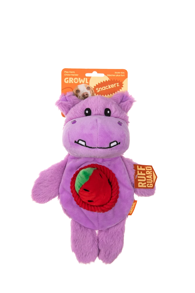 Peluche per cani con 2 squeaker e giocattolo nascosto – Growl Snackerz Hilda l'Ippopotamo - immagine 1