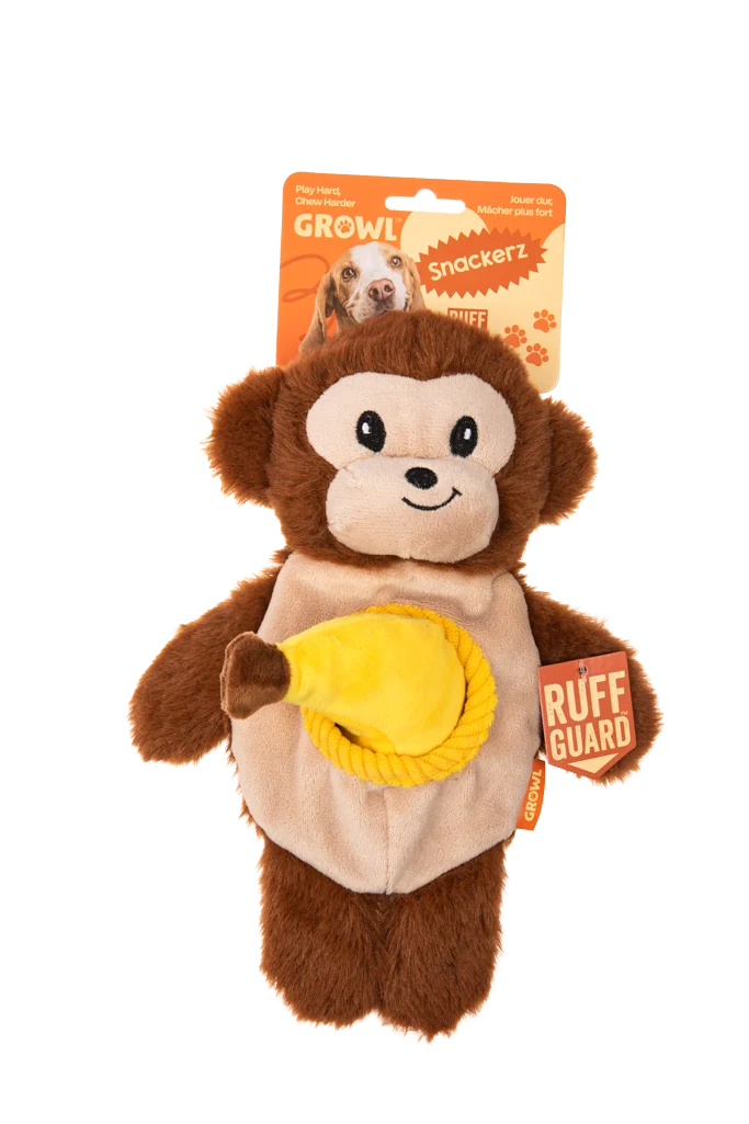 GROWL52032.png Peluche per cani con 2 squeaker e giochino nascosto – Growl Snackerz Milo la Scimmia - immagine 1