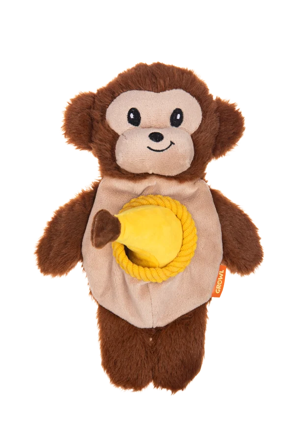 Peluche per cani con 2 squeaker e giochino nascosto – Growl Snackerz Milo la Scimmia - immagine 2