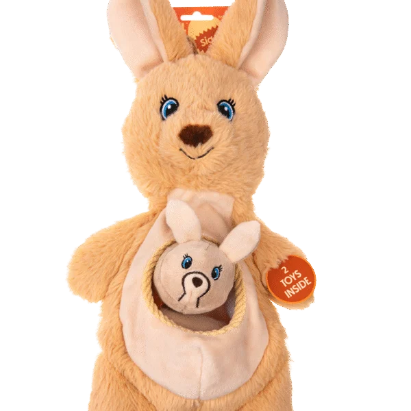 Peluche per cani con squeaker e 2 giochini nascosti – Growl Sidekicks Kanga Joey