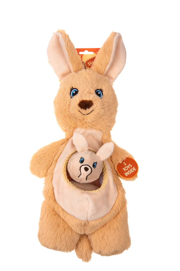 Peluche per cani con squeaker e 2 giochini nascosti – Growl Sidekicks Kanga Joey - immagine 1
